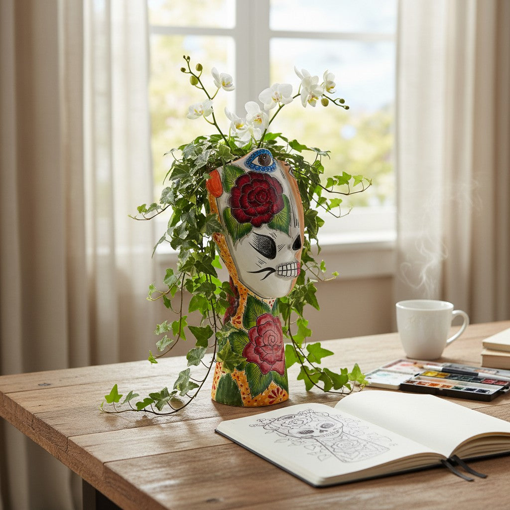 Talavera Lady Planter | Day of the Dead Face Design