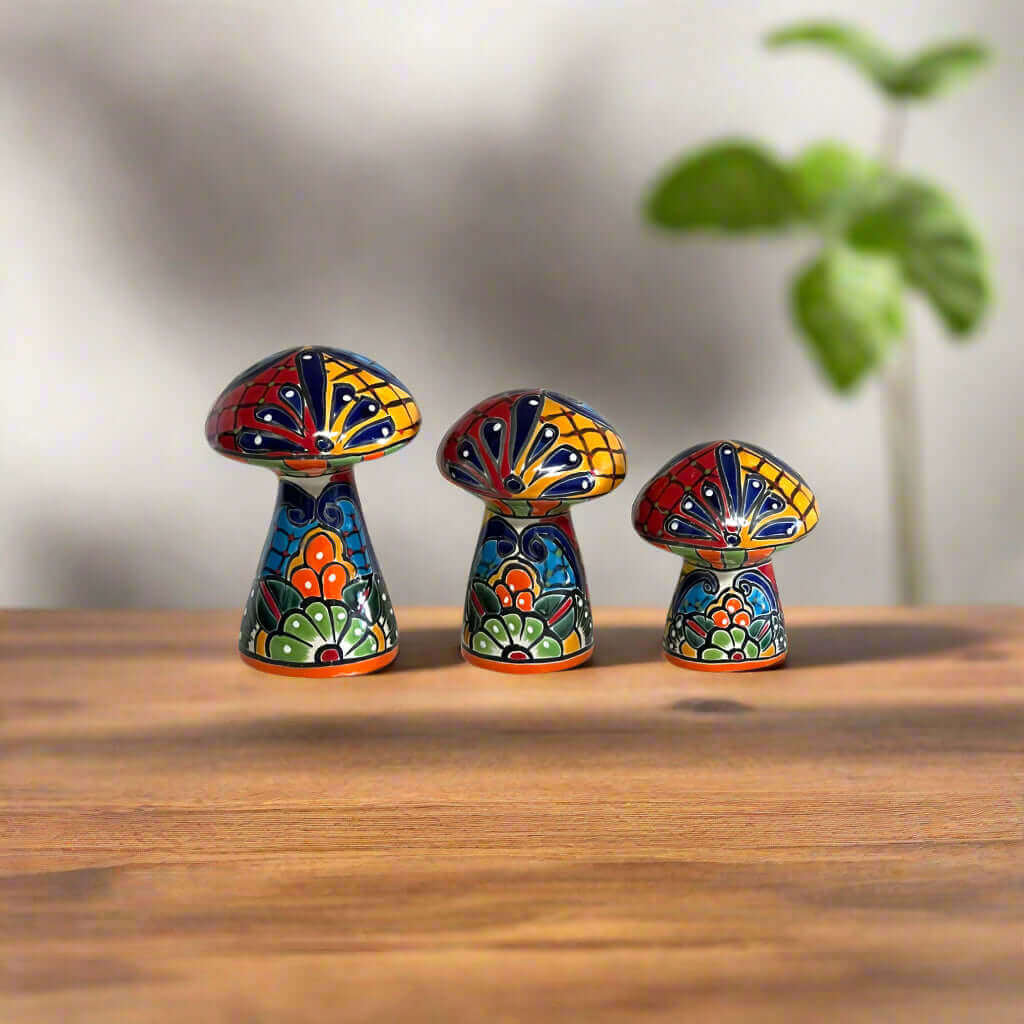 Talavera Mushroom Trio | Colorful Hand-Painted Mexican Garden Decor