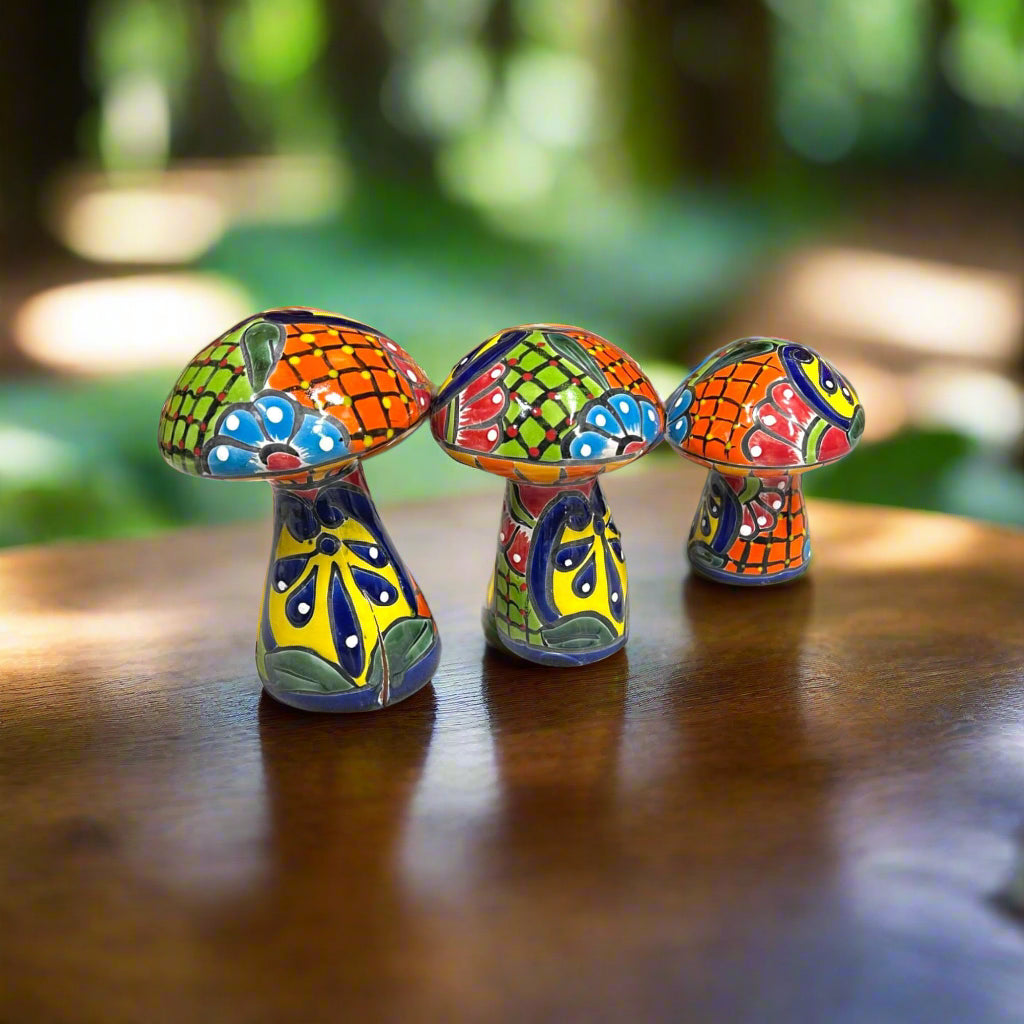 Talavera Mushroom Trio | Colorful Hand-Painted Mexican Garden Decor