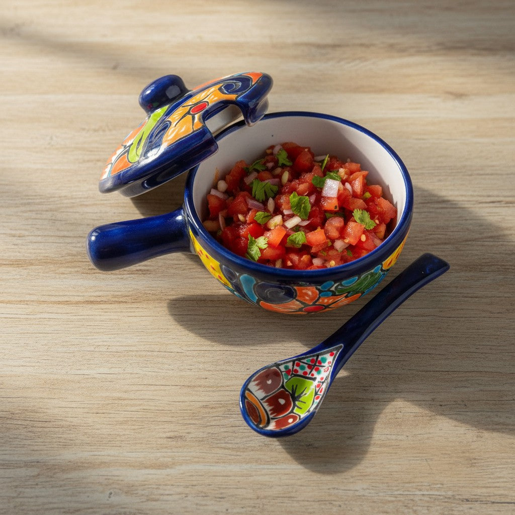 Talavera Salsa Bowl with Lid | Hand-Painted Ceramic Salsera