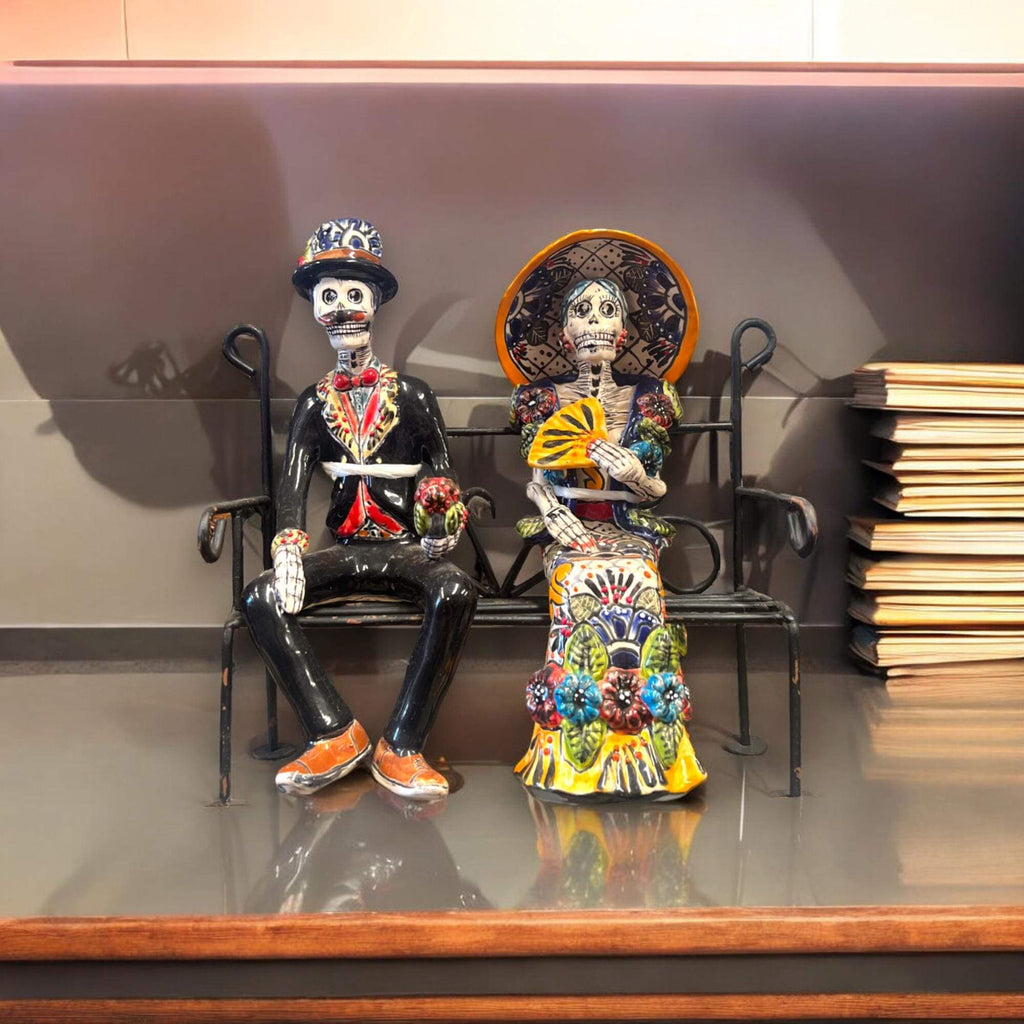 Talavera Skeleton Couple on Bench | Day of the Dead Mexican Decor