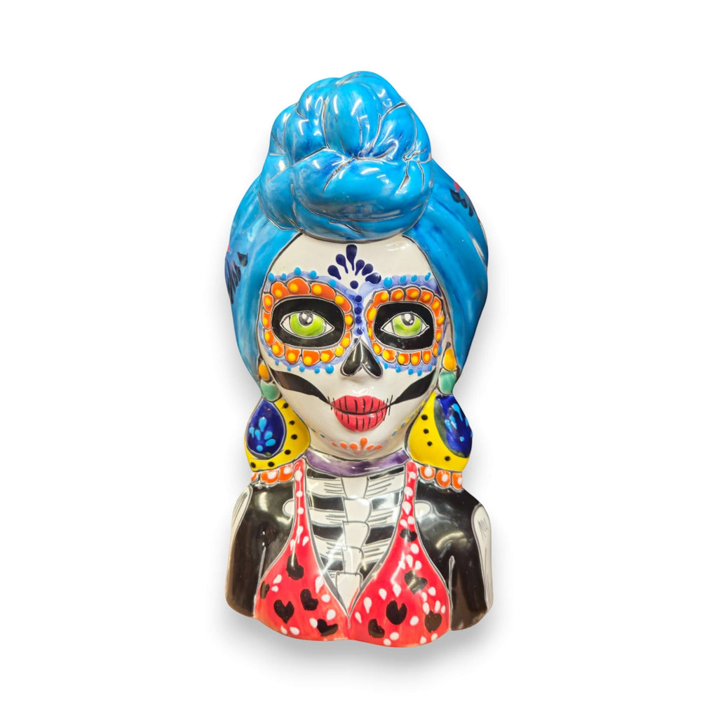Talavera Skull Lady Planter | Colorful Day of the Dead Art