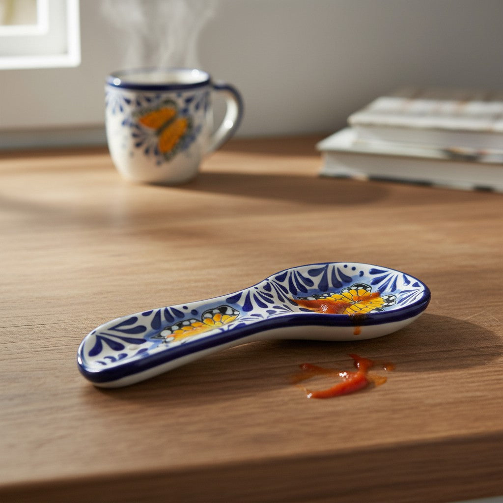 Talavera Spoon Rest | Blue & White Monarch Butterfly