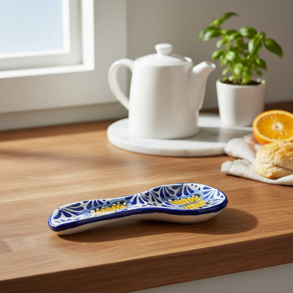 Talavera Spoon Rest | Blue & White Monarch Butterfly