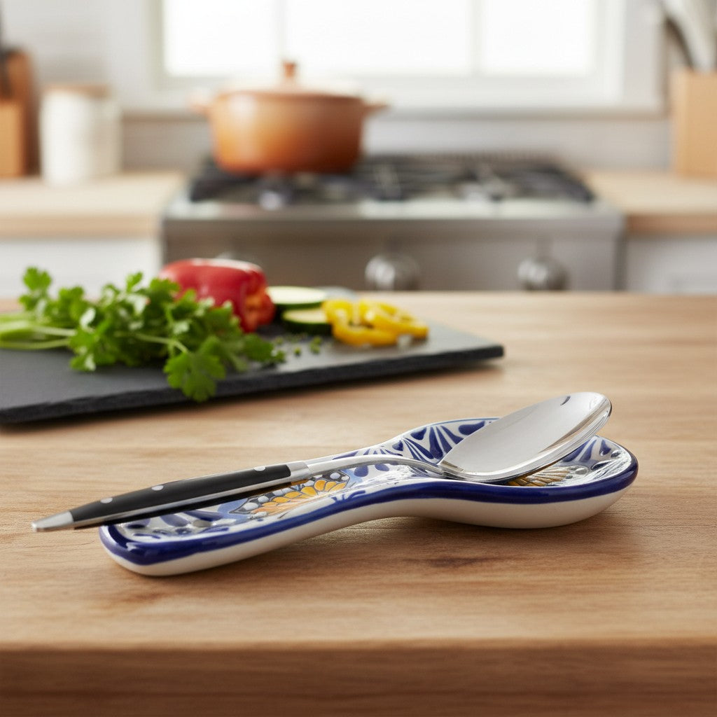 Talavera Spoon Rest | Blue & White Monarch Butterfly