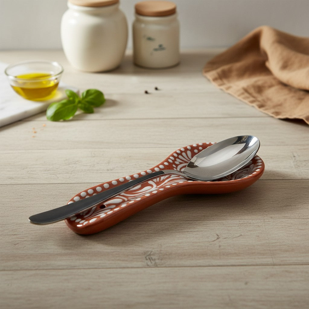 Talavera Spoon Rest | Brown & White Handcrafted Design