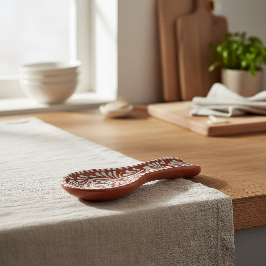 Talavera Spoon Rest | Brown & White Handcrafted Design