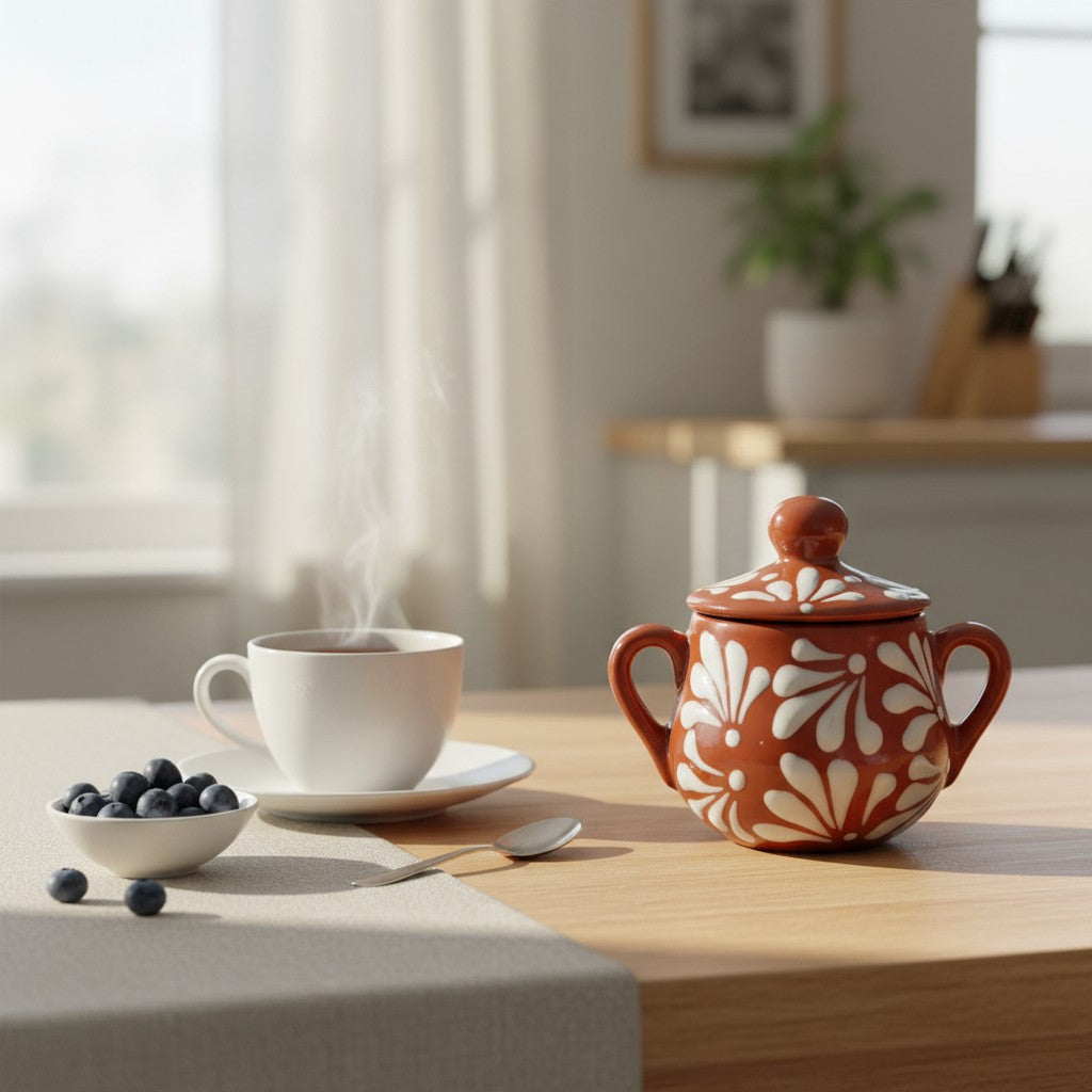 Talavera Sugar Jar | Brown & White Floral Relief