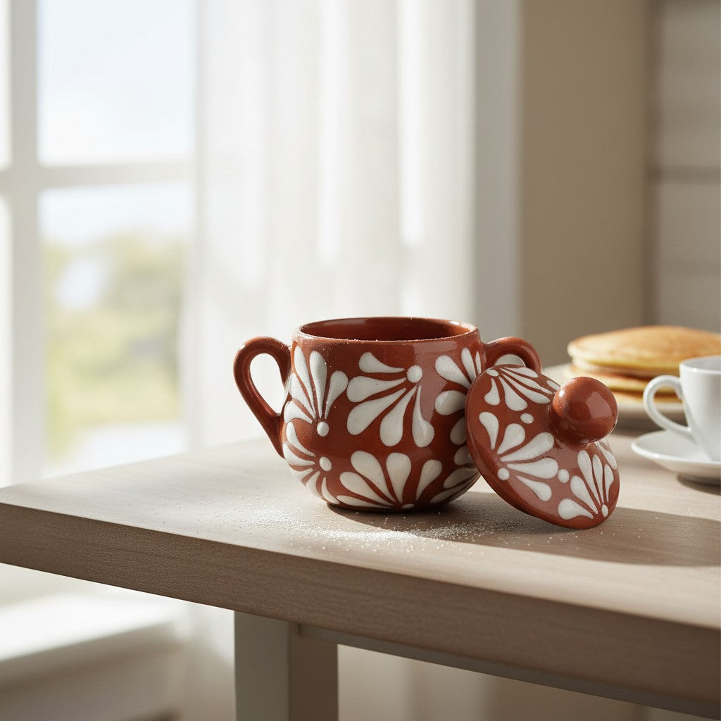 Talavera Sugar Jar | Brown & White Floral Relief
