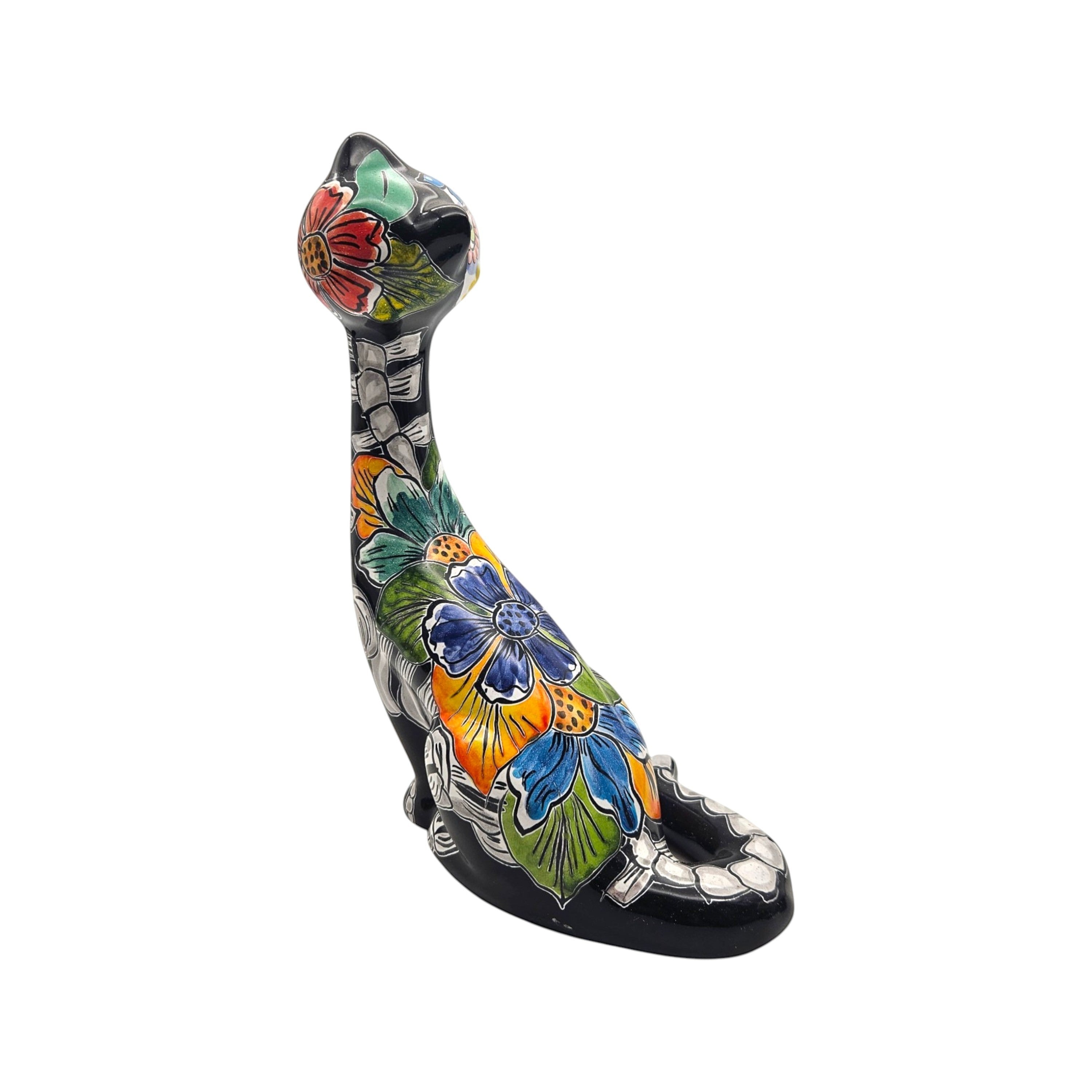 Talavera Tall Cat Figurine | Hand-Painted Day of the Dead Art