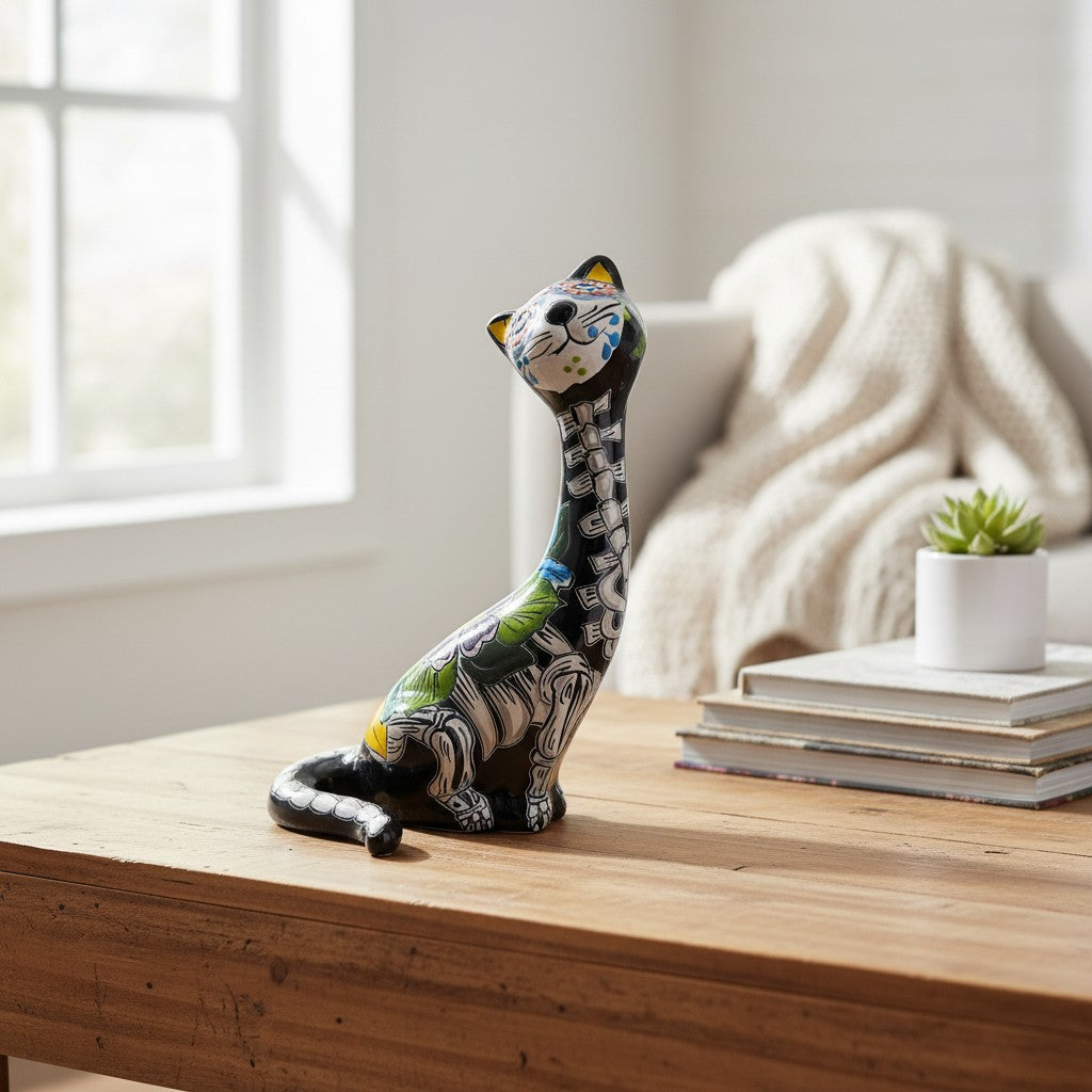 Talavera Tall Cat Figurine | Hand-Painted Day of the Dead Art