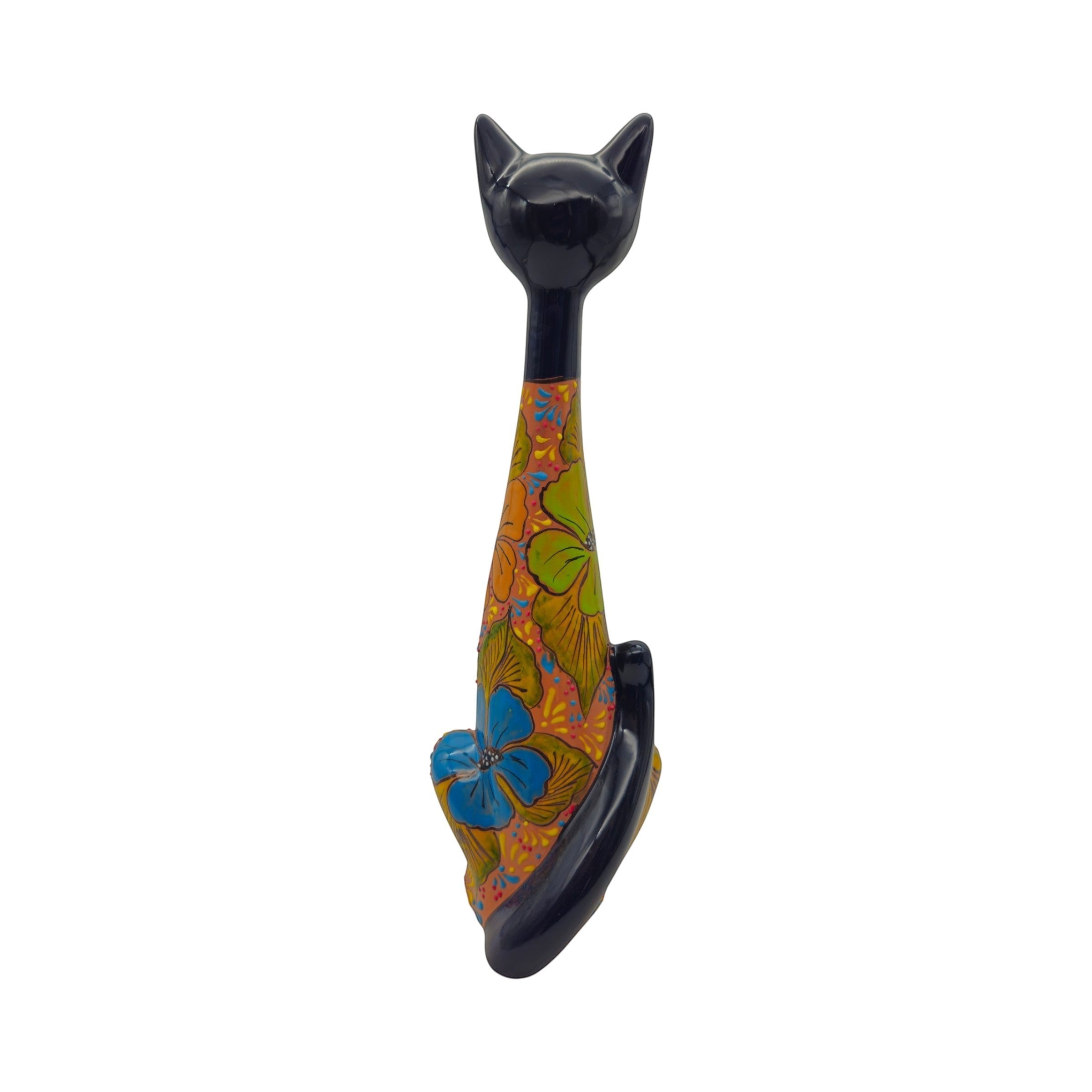Tall Talavera Cat Statue | Floral Terracotta Design