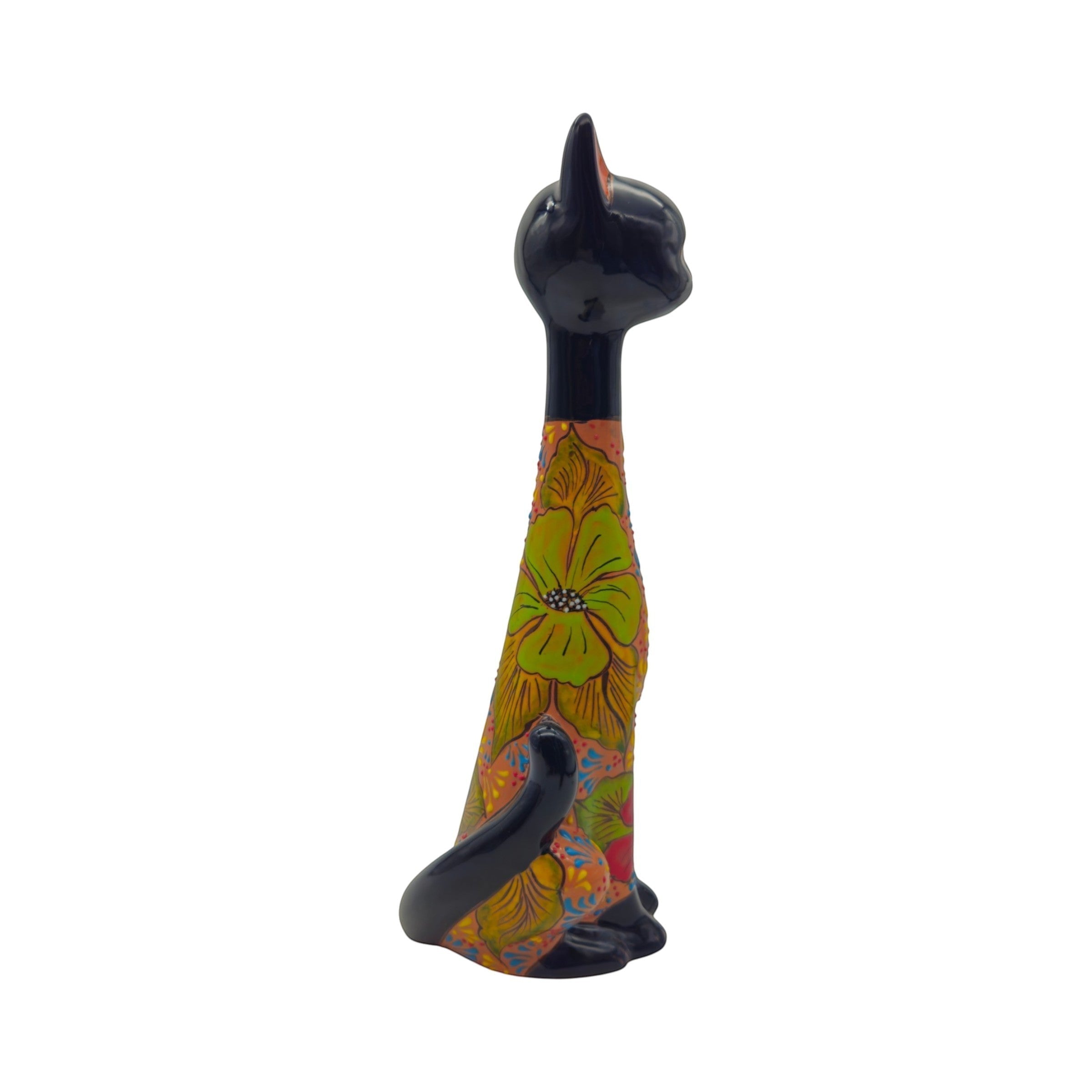 Tall Talavera Cat Statue | Floral Terracotta Design