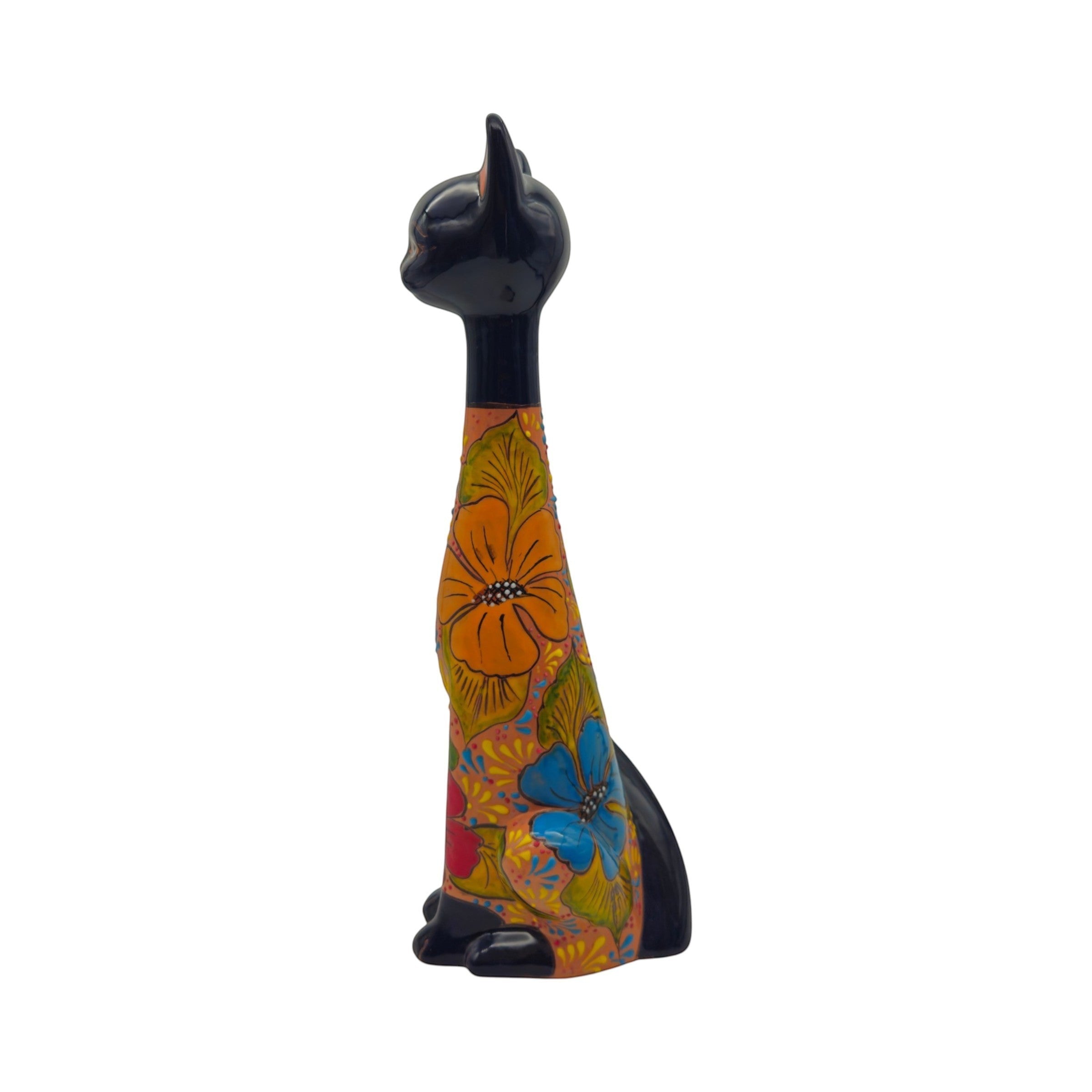 Tall Talavera Cat Statue | Floral Terracotta Design