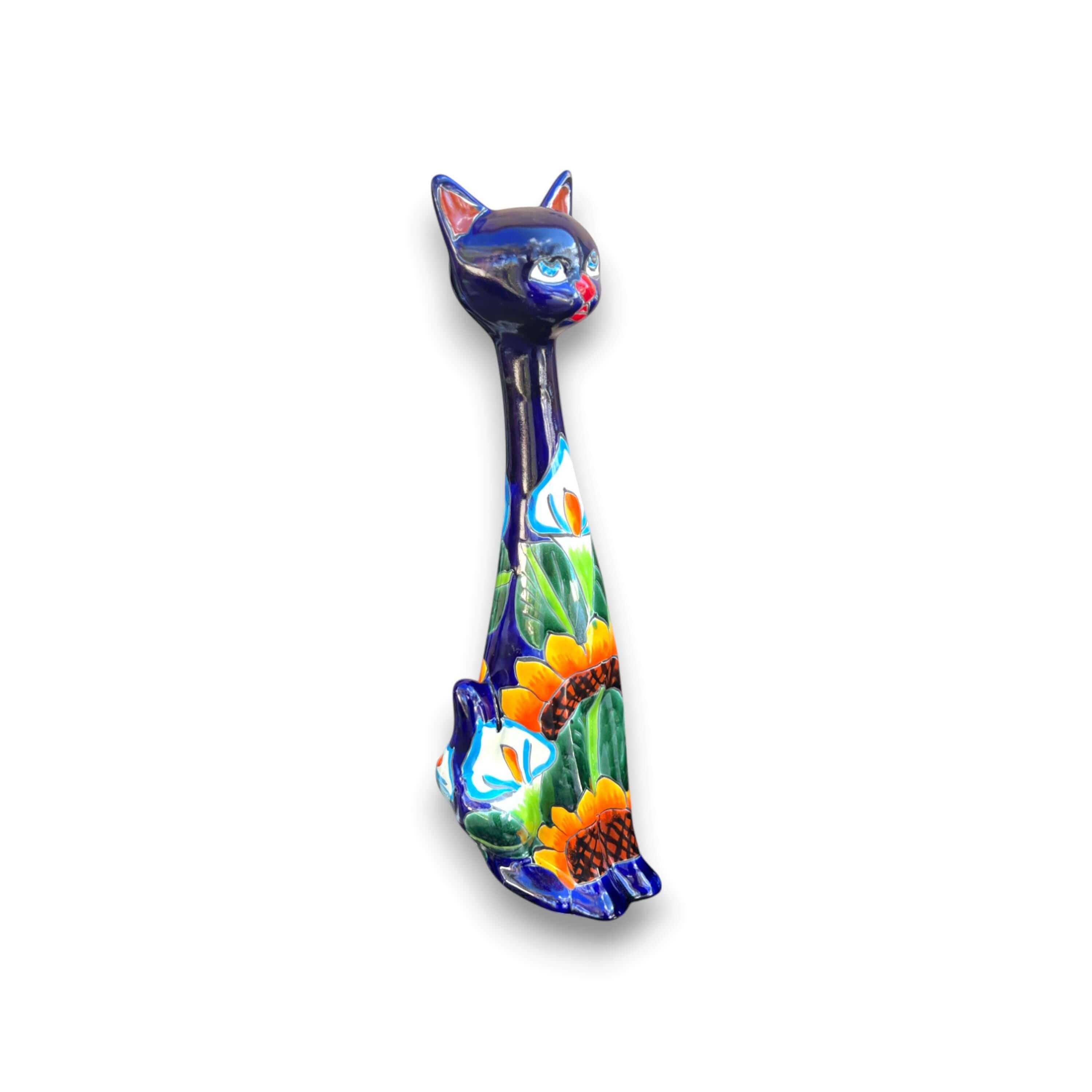 Tall Talavera Cat Statue | Handmade Mexican Sunflower Decor