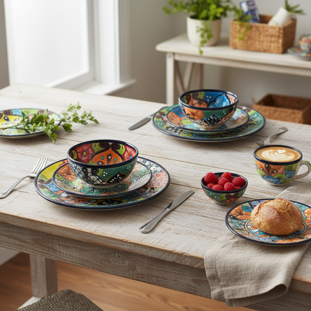 Talavera Dinnerware Set | 43-Piece Floral Tableware for 8