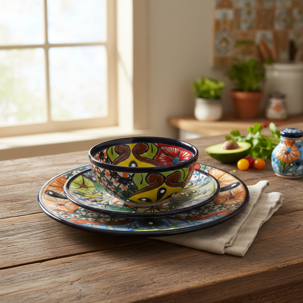 Talavera Dinnerware Set | 43-Piece Floral Tableware for 8
