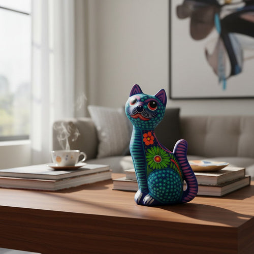 Alebrije Sitting Cat Statue | Hand-Painted Artwork