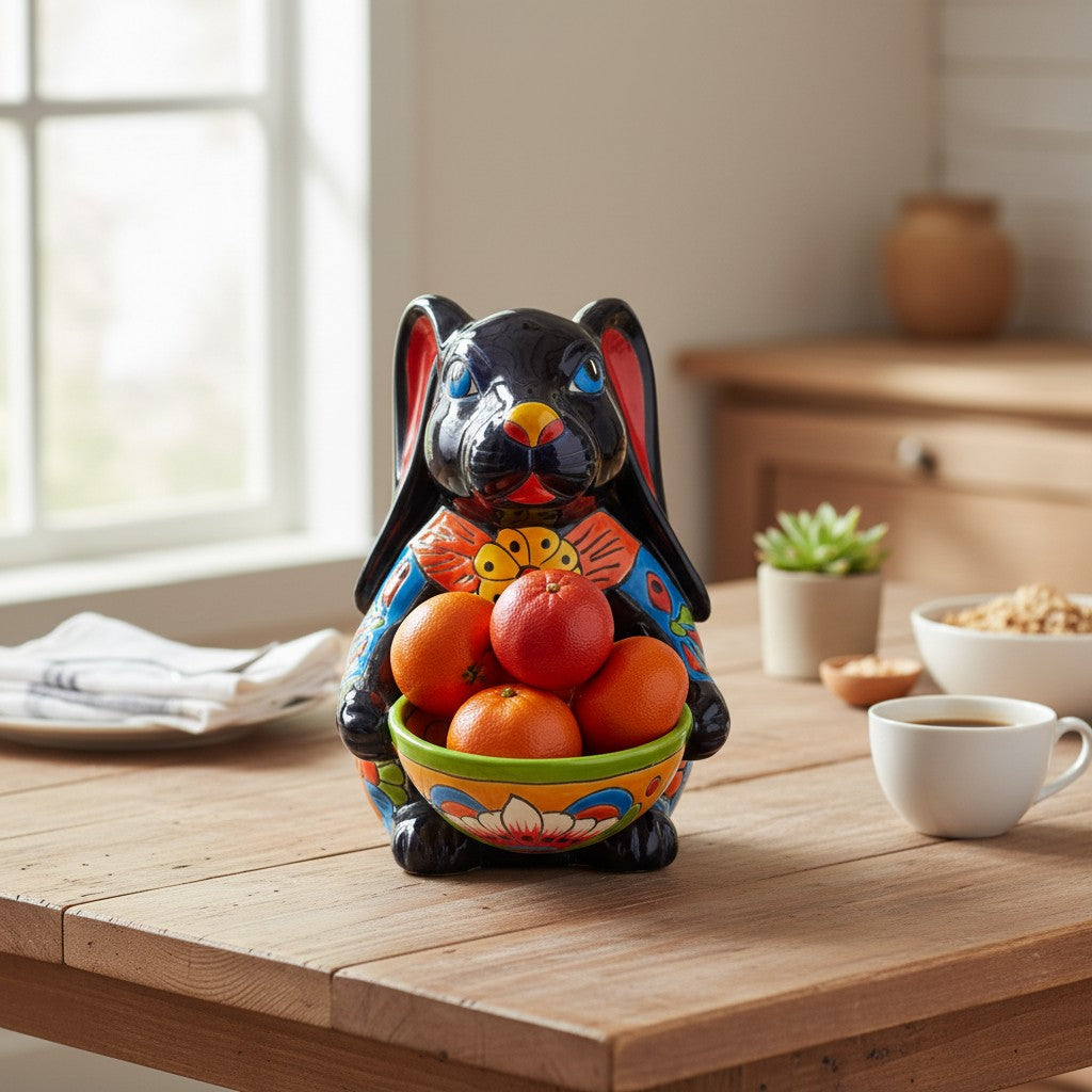 Vibrant Handmade Talavera Bunny Statue | Mexican Folk Art Feeder