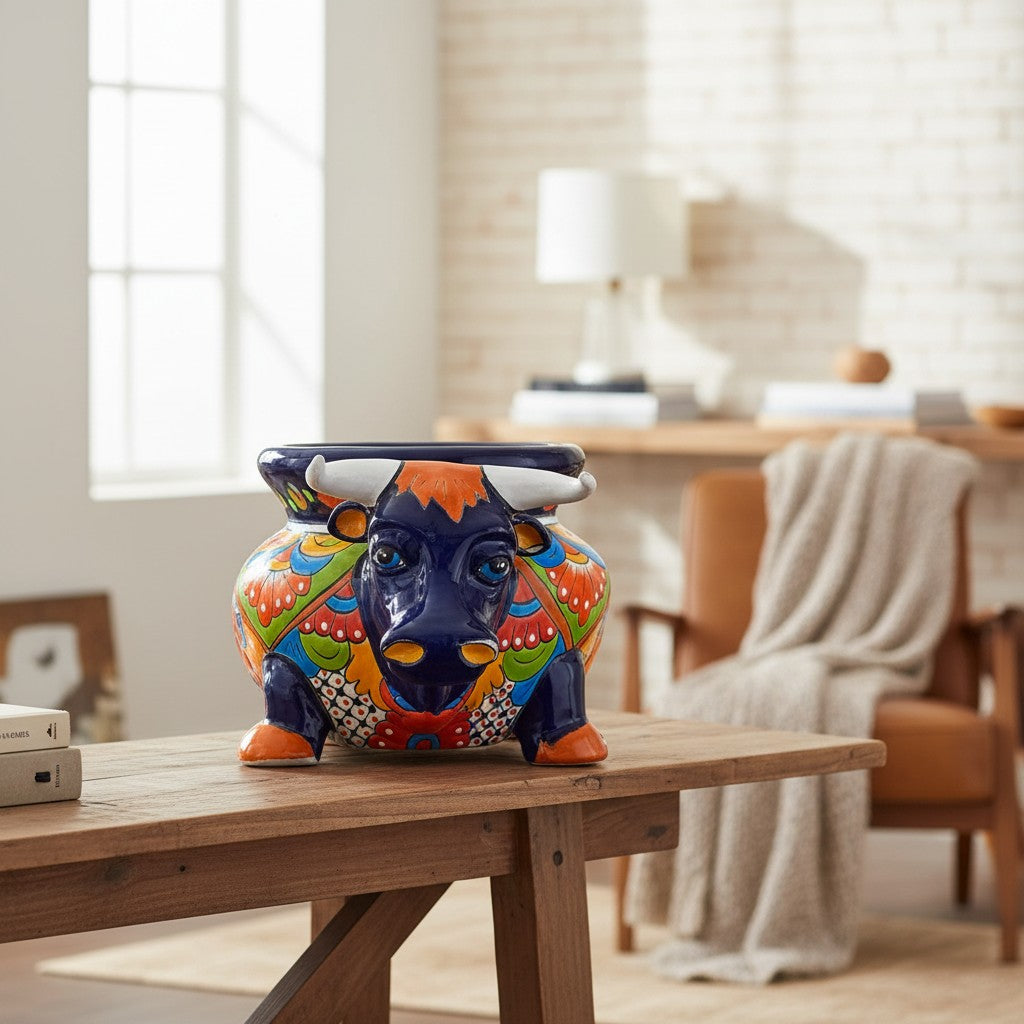 Talavera Bull Planter | Vibrant Mexican Ceramic Pottery