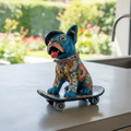 Talavera Frenchie Statue | Colorful Skateboarding Bulldog Art