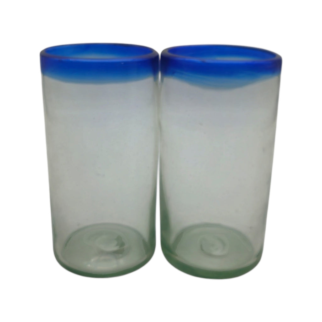 Mexican Blue Rim Tumbler | Hand-Blown Clear Glassware