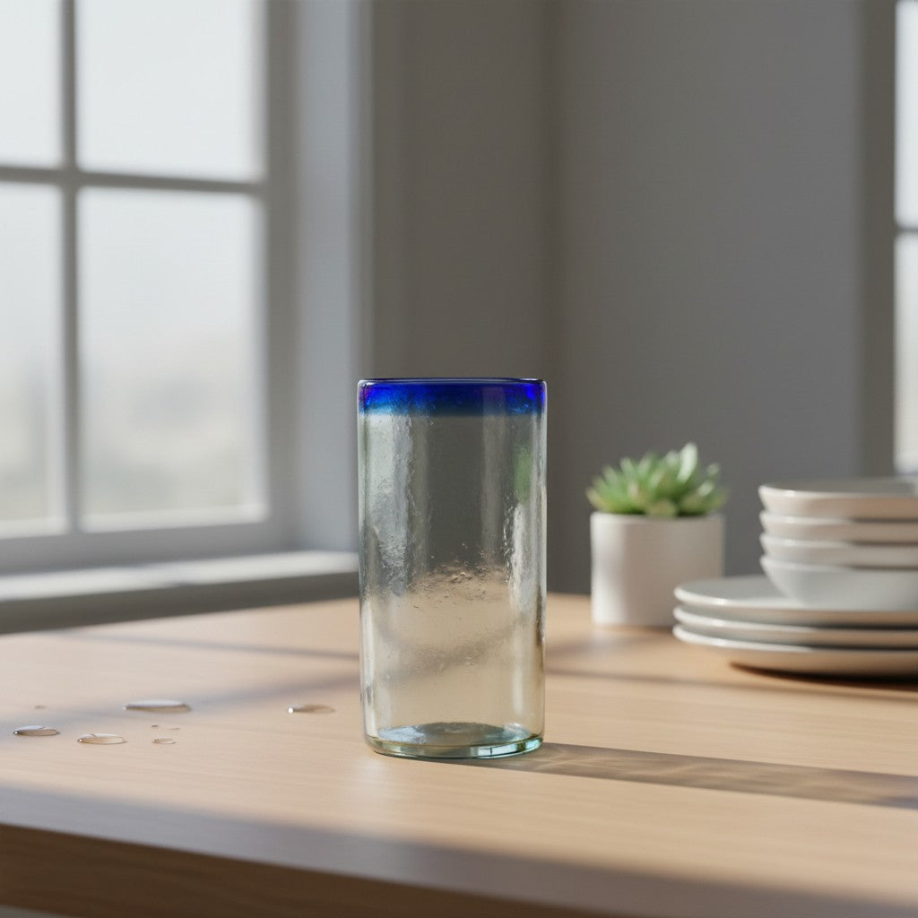 Mexican Blue Rim Tumbler | Hand-Blown Clear Glassware