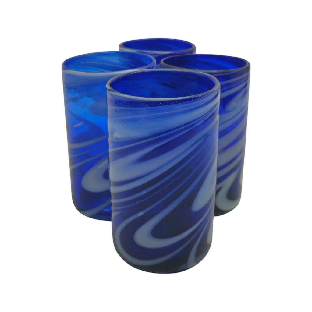 Handmade Mexican Drinking Glass | Blue with White Swirl