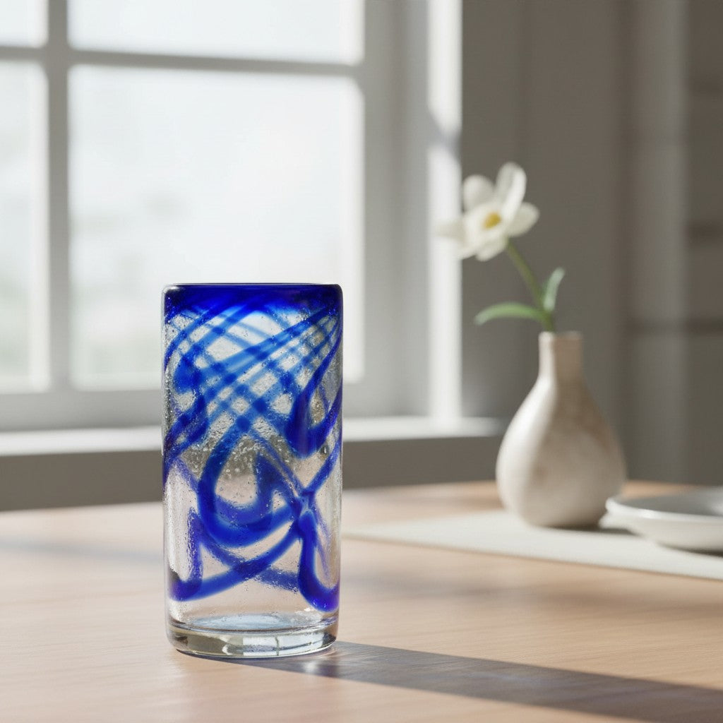 Hand-Blown Mexican Drinking Glass | Blue Swirl Design