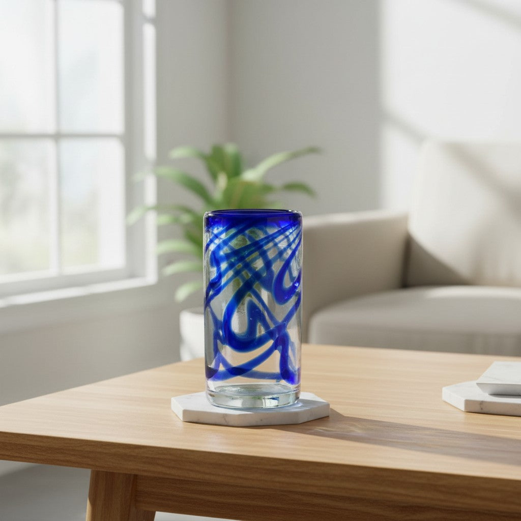 Hand-Blown Mexican Drinking Glass | Blue Swirl Design