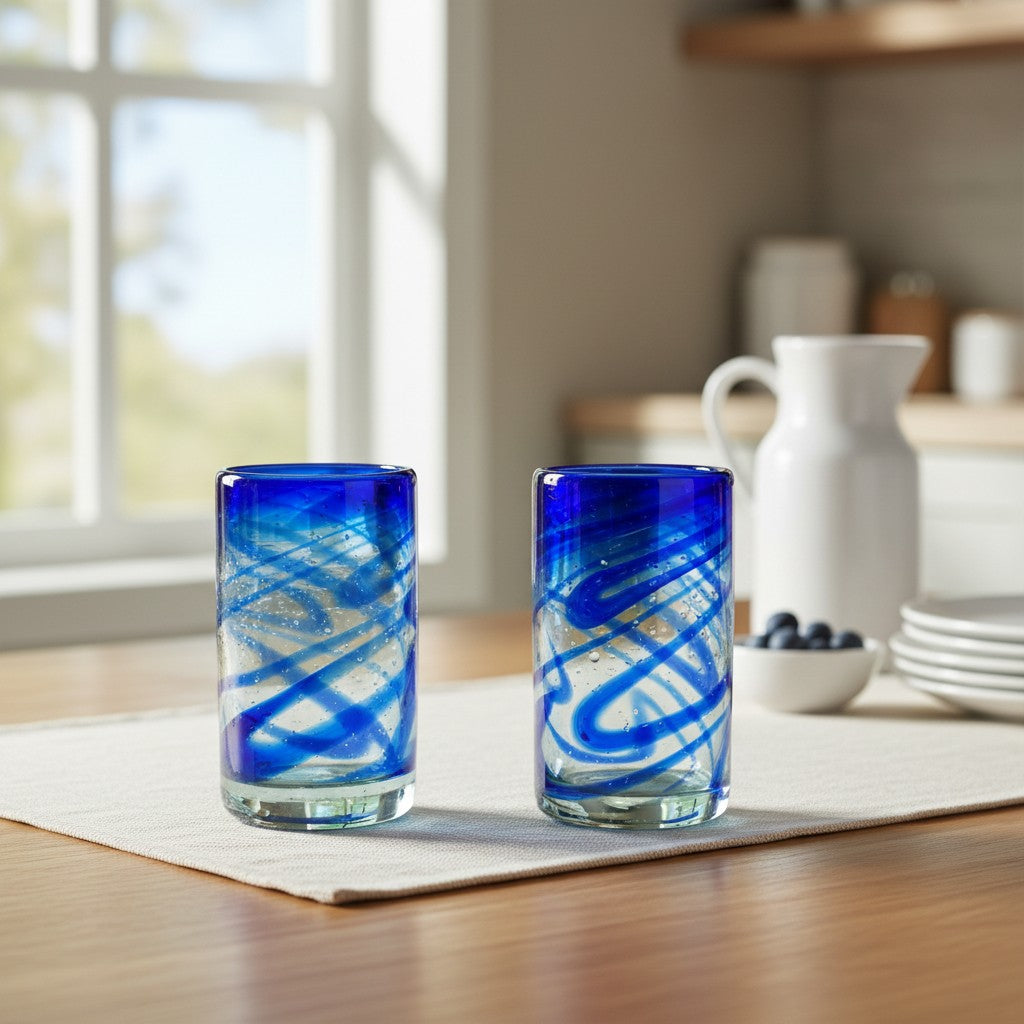 Blue Swirl Hand-Blown Glass | Mexican Drinking Tumbler
