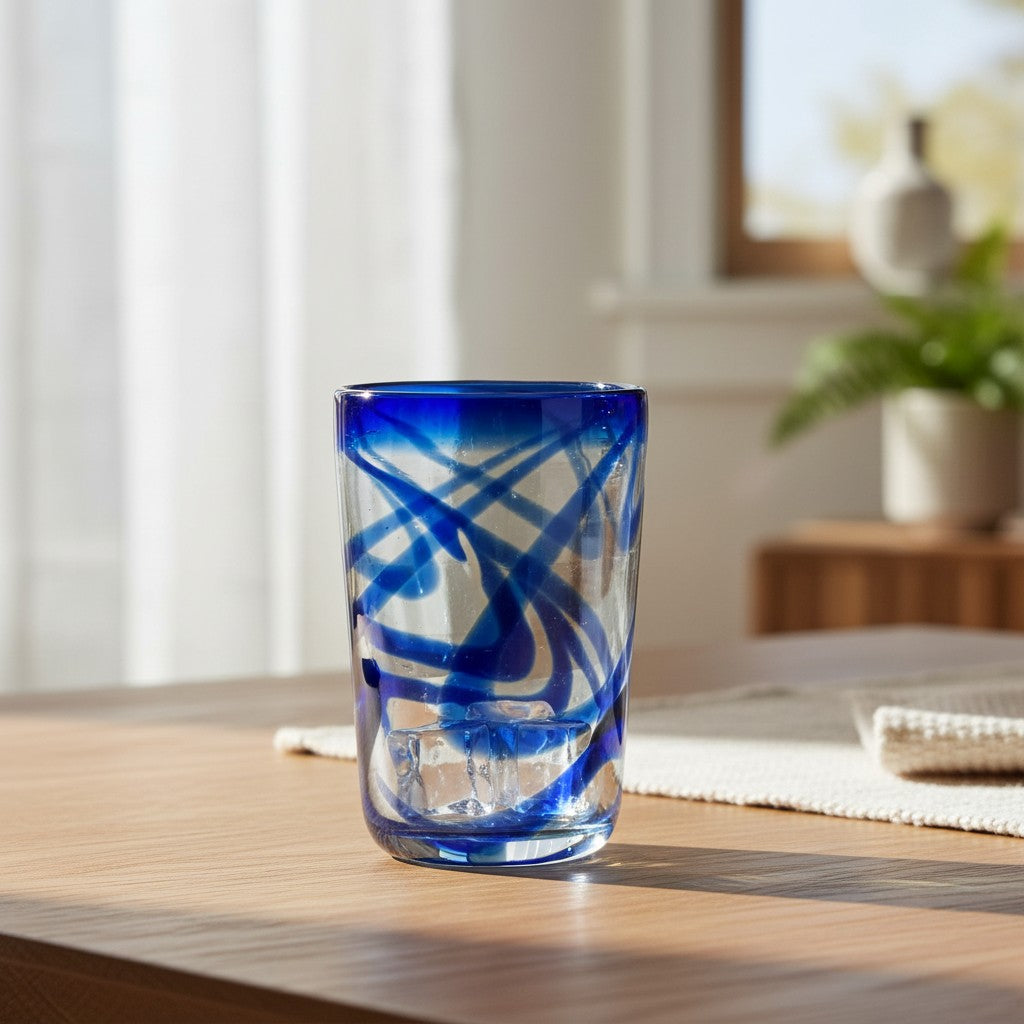 Blue Swirl Hand-Blown Glass | Mexican Drinking Tumbler