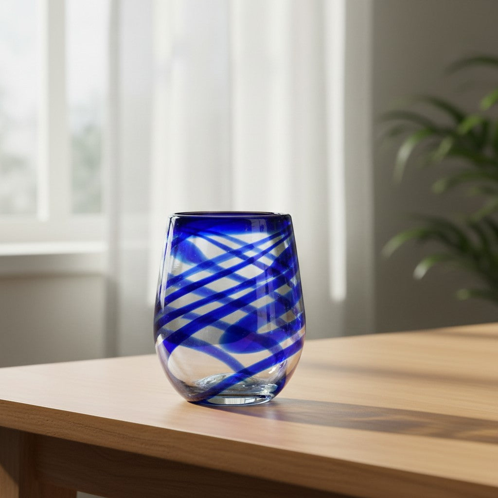 Mexican Stemless Wine Glass | Hand-Blown Blue Swirl