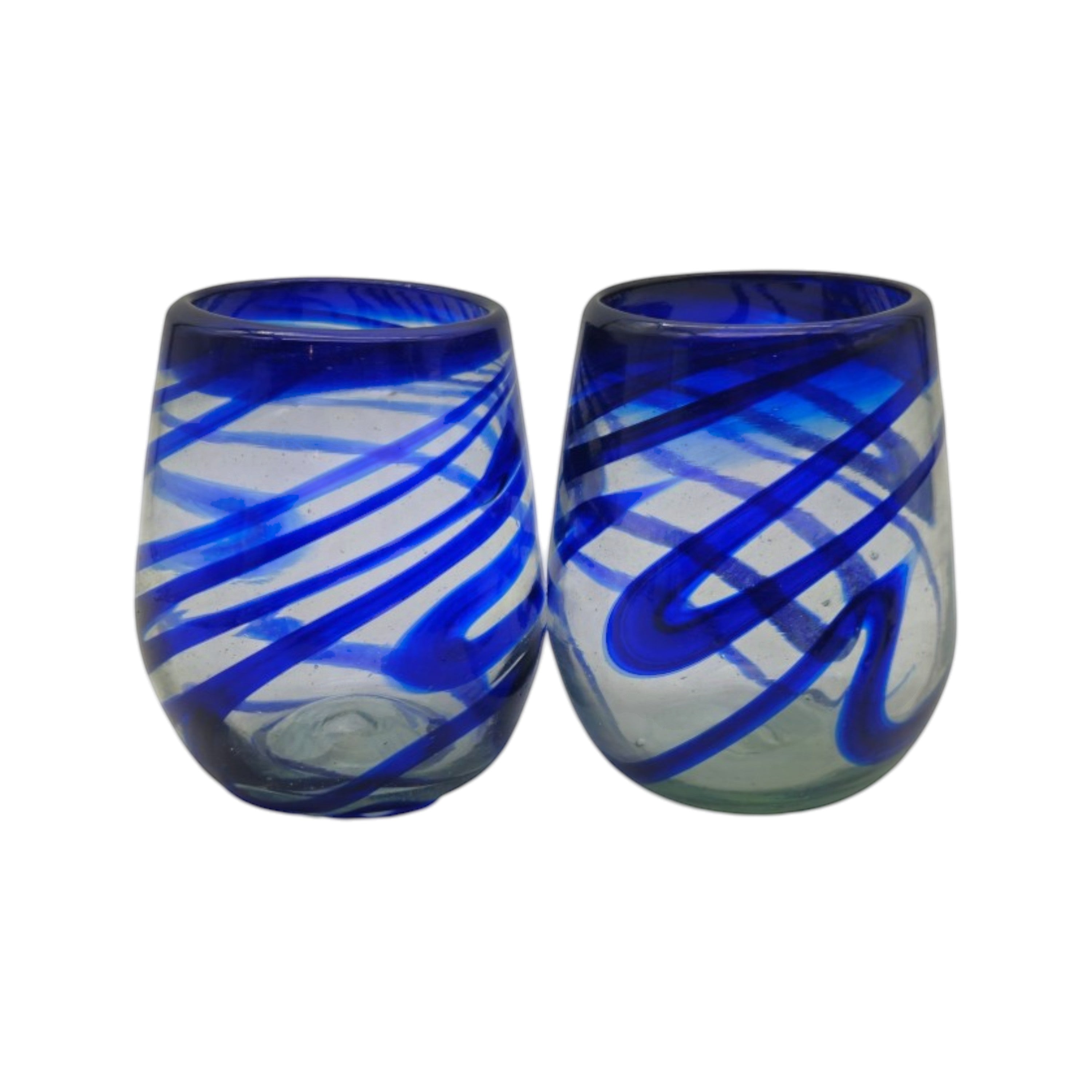 Mexican Stemless Wine Glass | Hand-Blown Blue Swirl