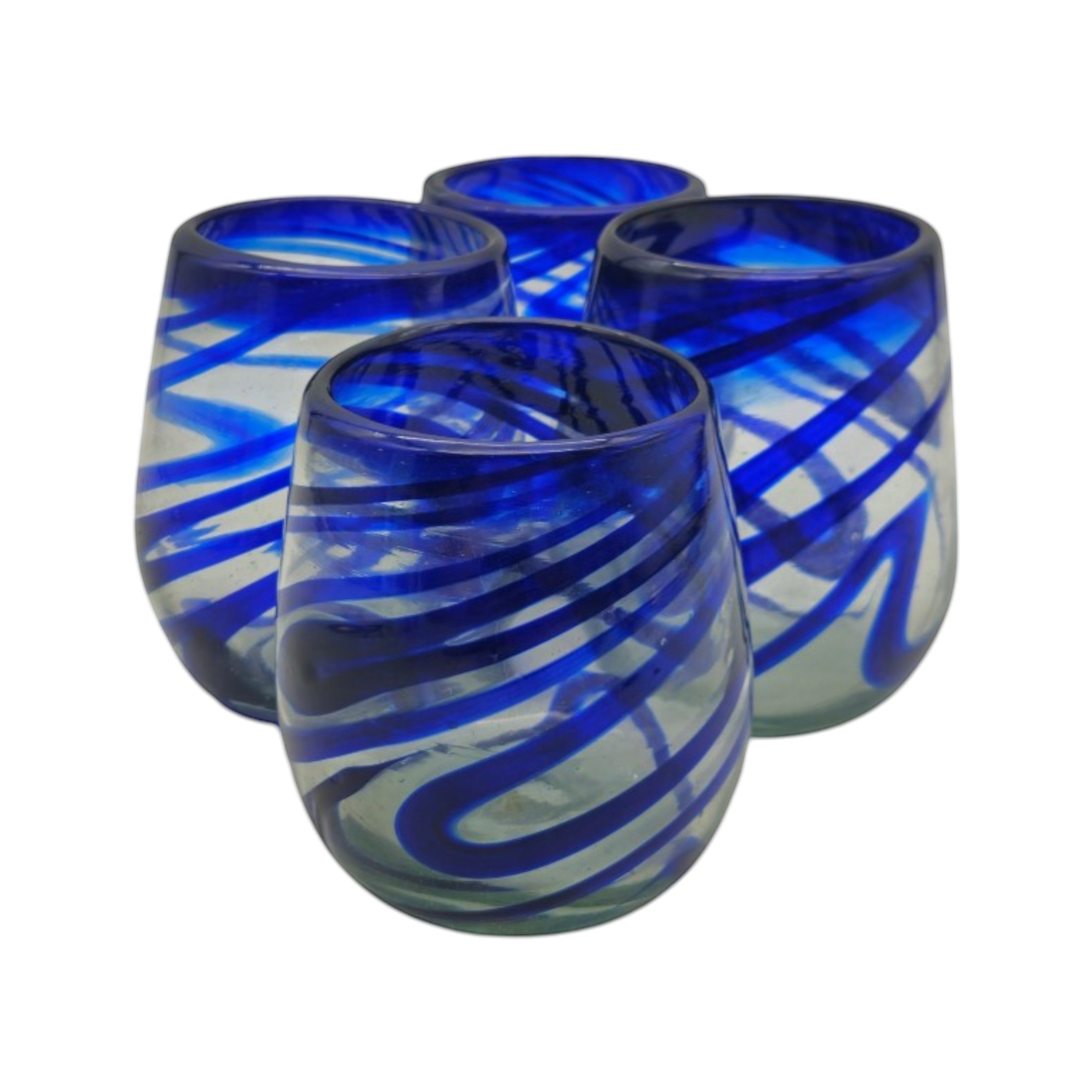 Mexican Stemless Wine Glass | Hand-Blown Blue Swirl