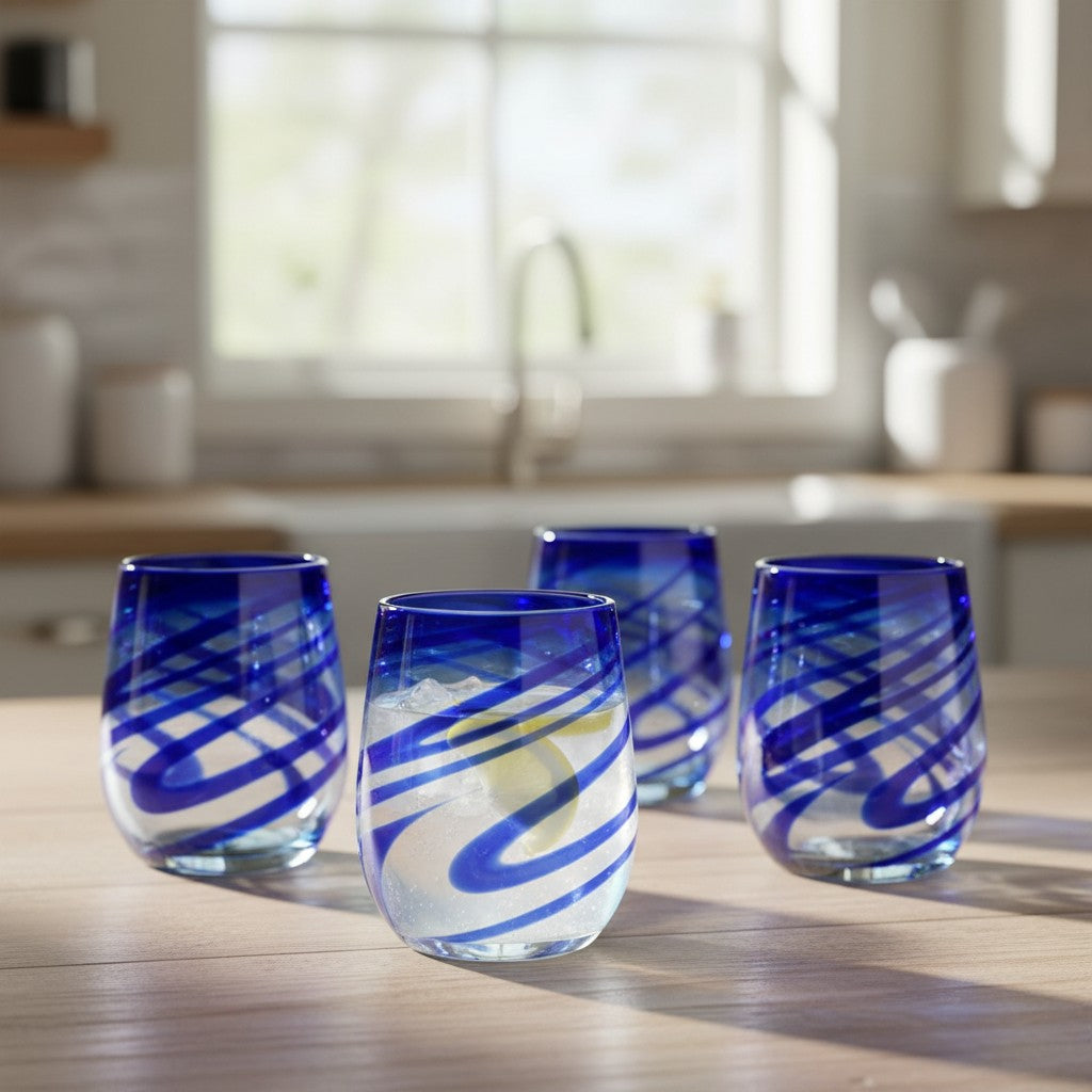 Mexican Stemless Wine Glass | Hand-Blown Blue Swirl