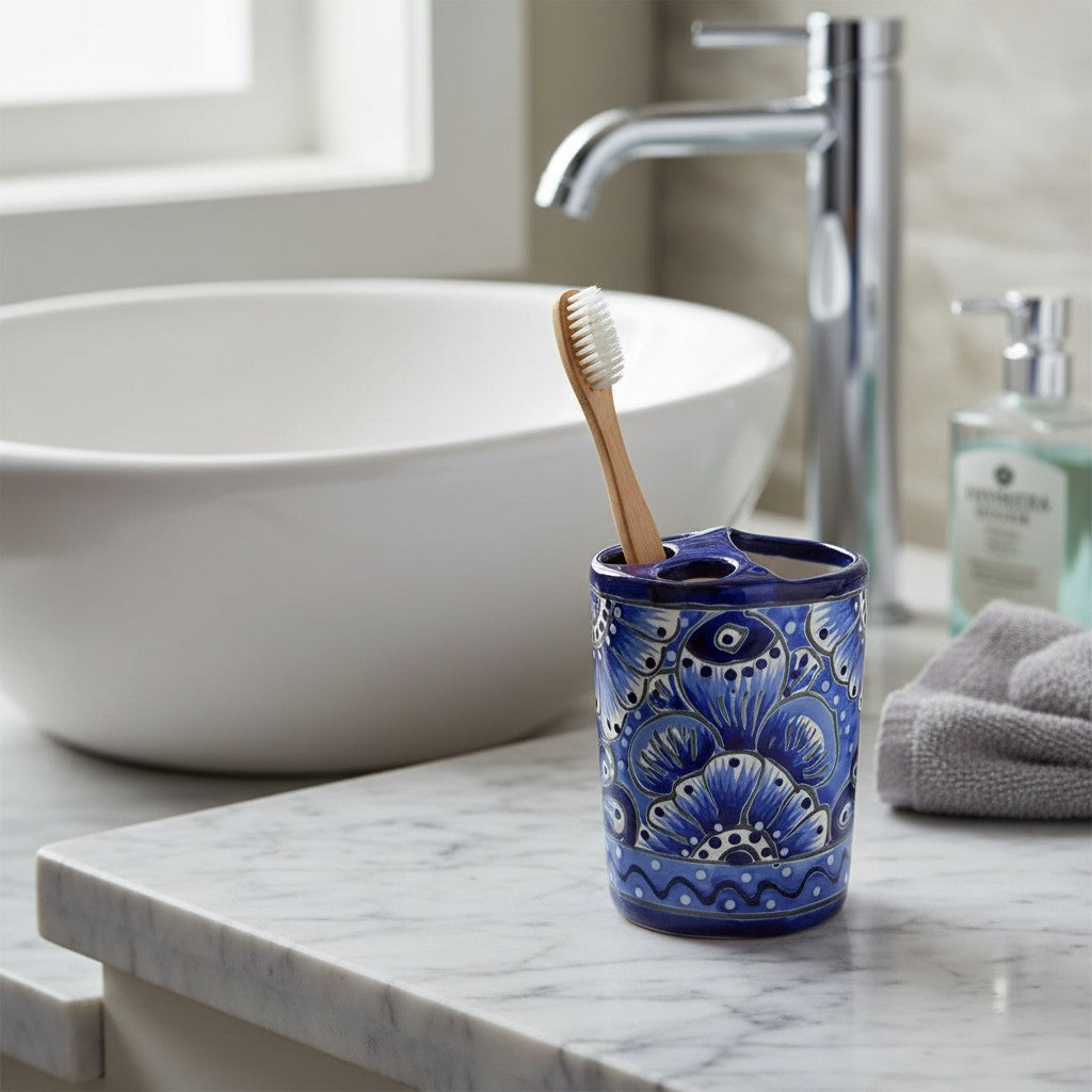 Hand-Painted Talavera Toothbrush Holder | Blue & White Ceramic