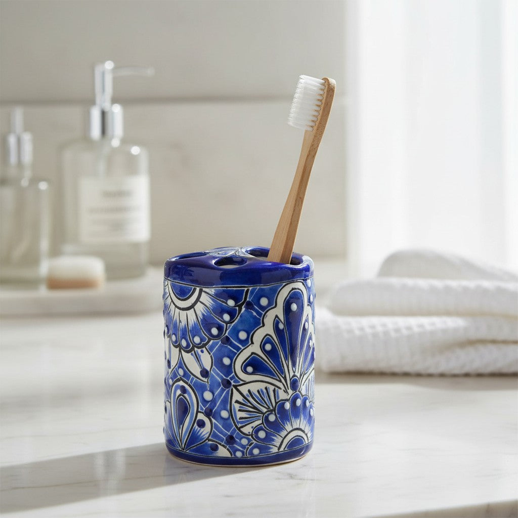 Hand-Painted Talavera Toothbrush Holder | Blue & White Ceramic