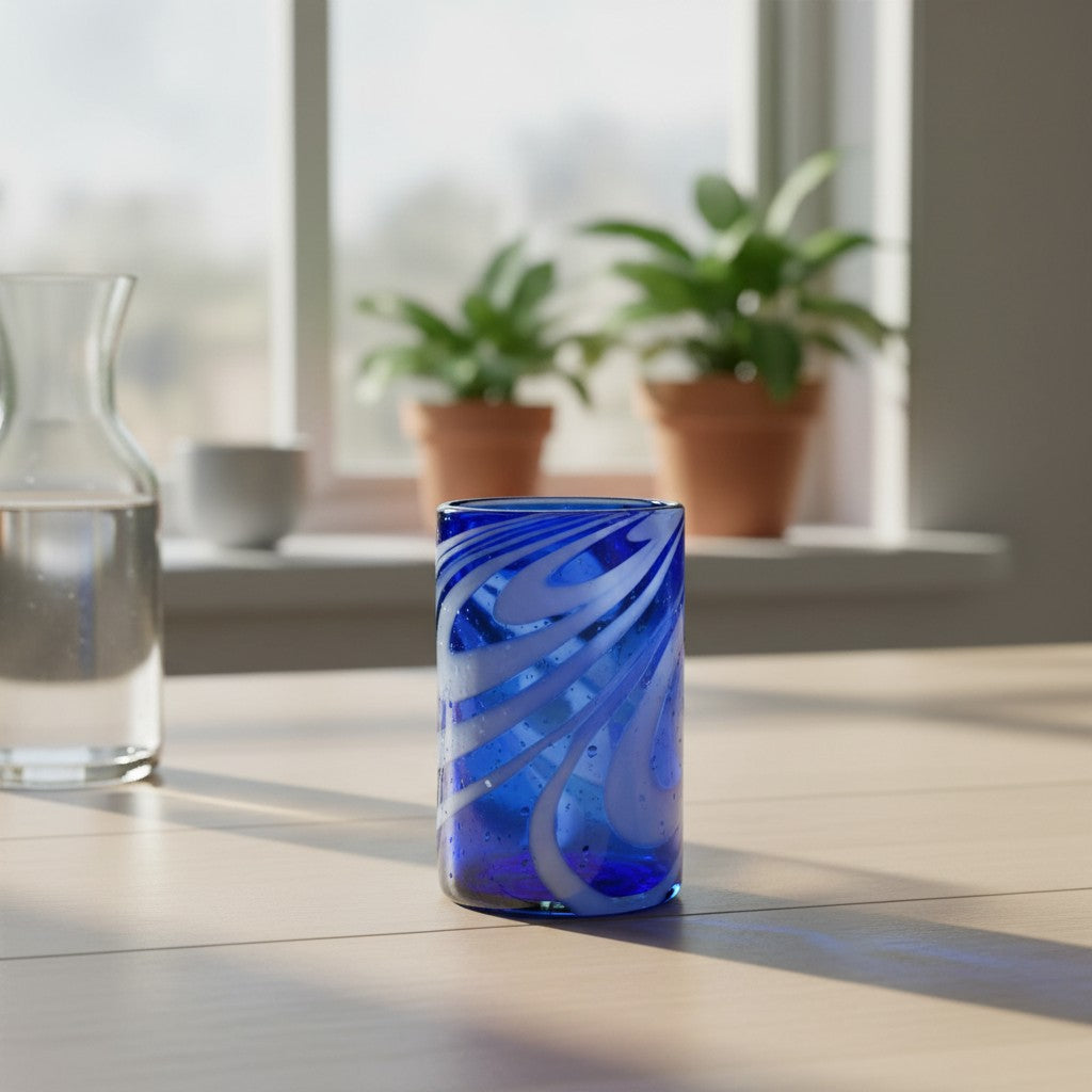 Handmade Mexican Drinking Glass | Blue with White Swirl