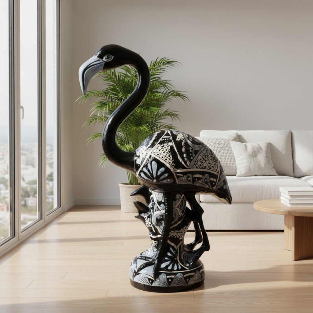 Blue & White Talavera Flamingo Statue | Hand-Painted Bird Pottery