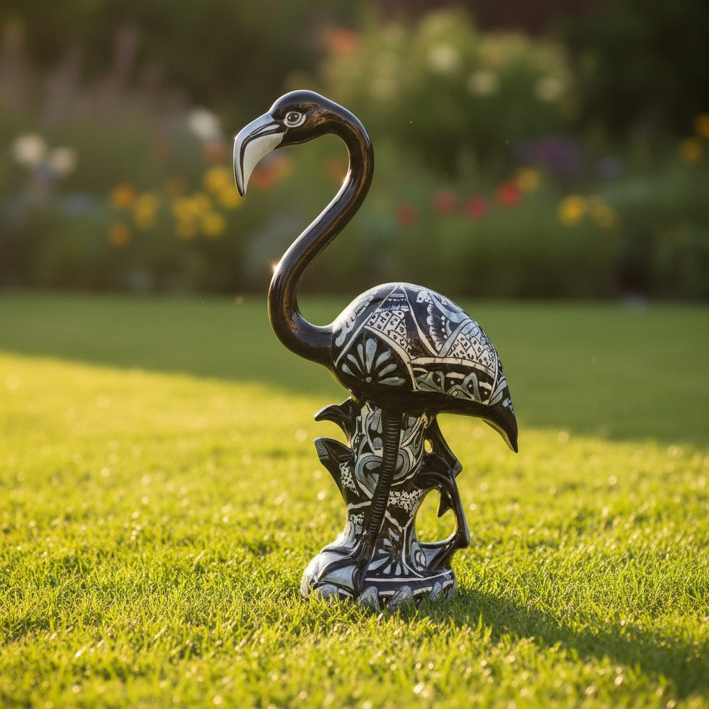 Blue & White Talavera Flamingo Statue | Hand-Painted Bird Pottery