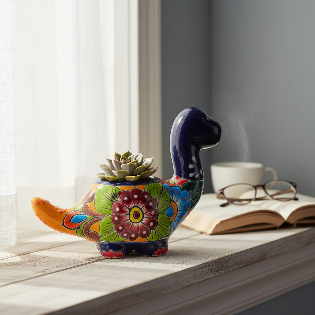 Talavera Brachiosaurus Planter | Colorful Dinosaur Pot