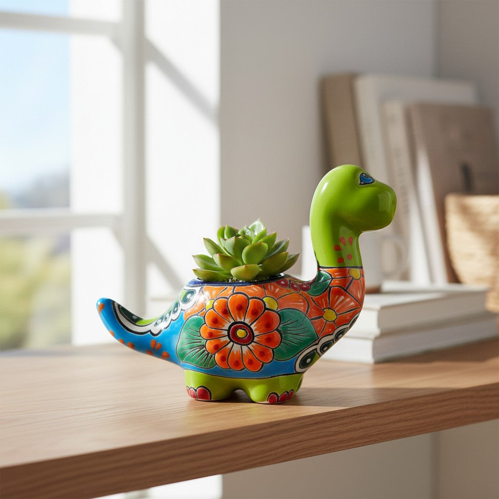 Talavera Brachiosaurus Planter | Colorful Dinosaur Pot