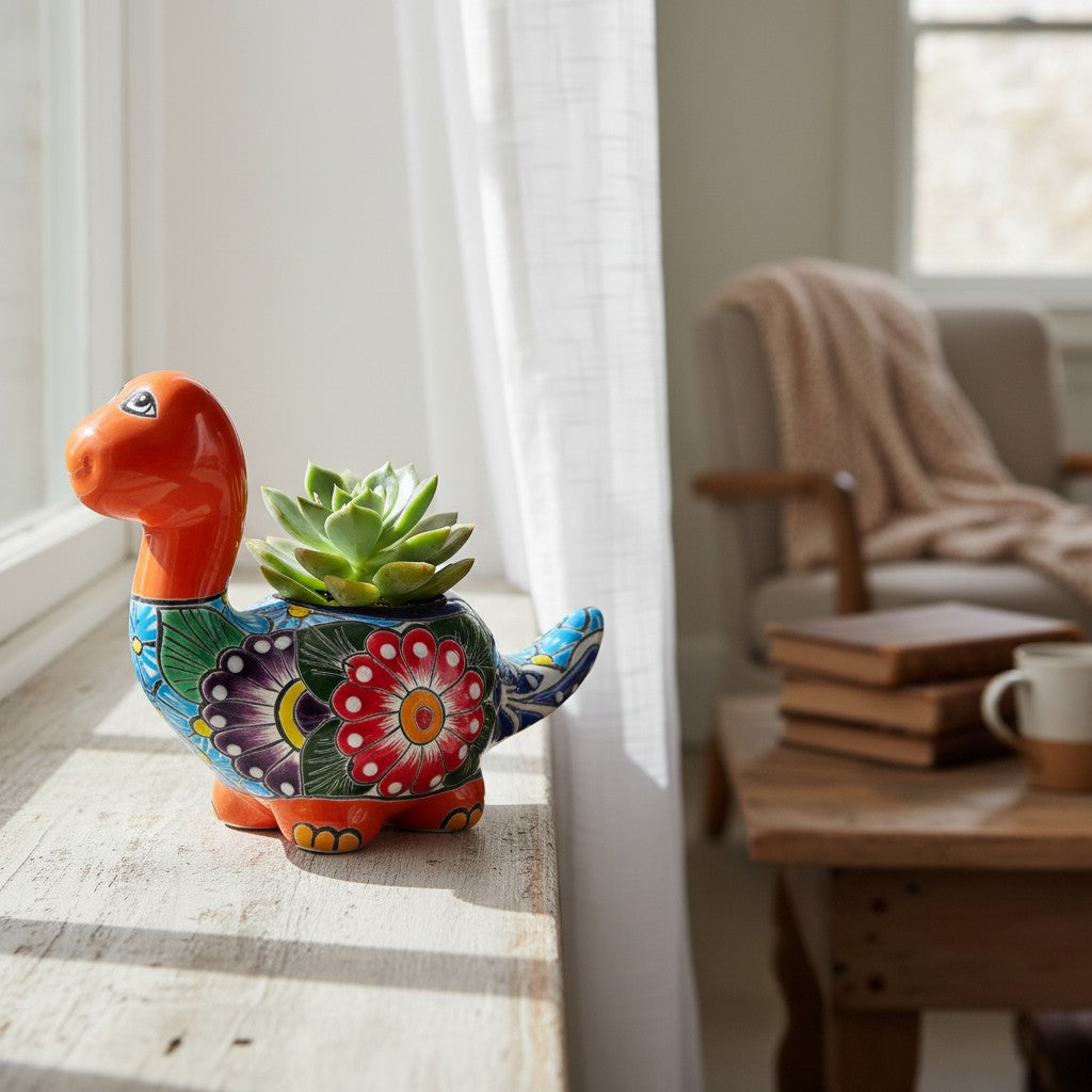 Talavera Brachiosaurus Planter | Colorful Dinosaur Pot