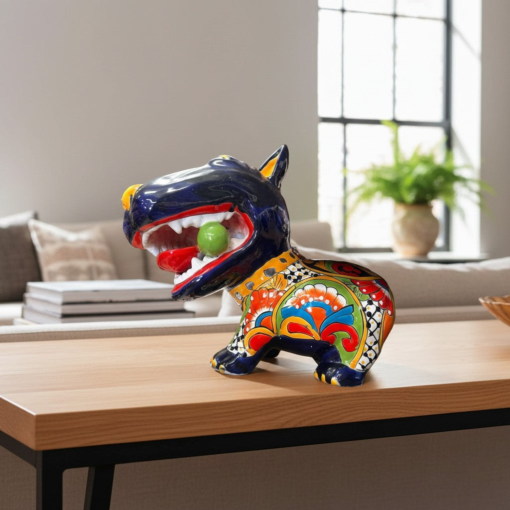 Talavera Bull Terrier Decor | Hand-painted Ceramic Dog with Bone