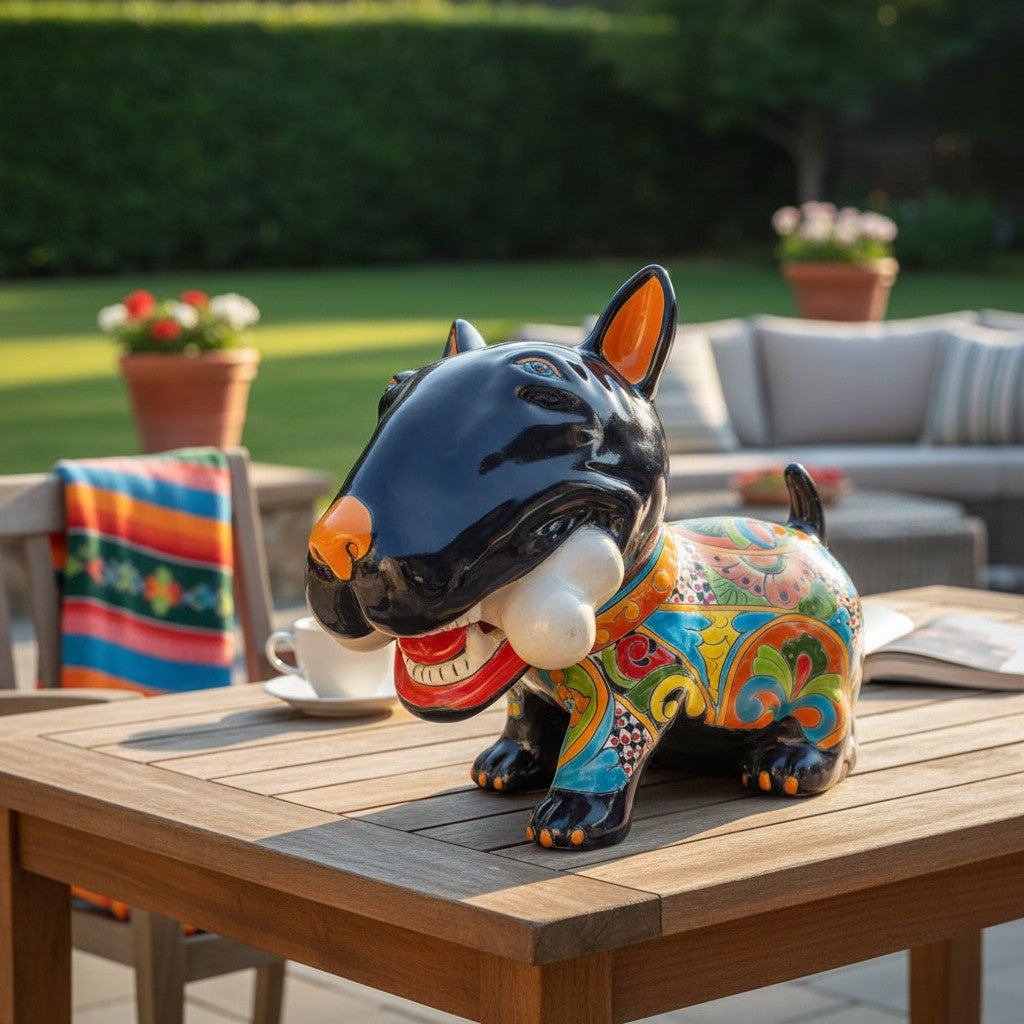 Talavera Bull Terrier Decor | Hand-painted Ceramic Dog with Bone