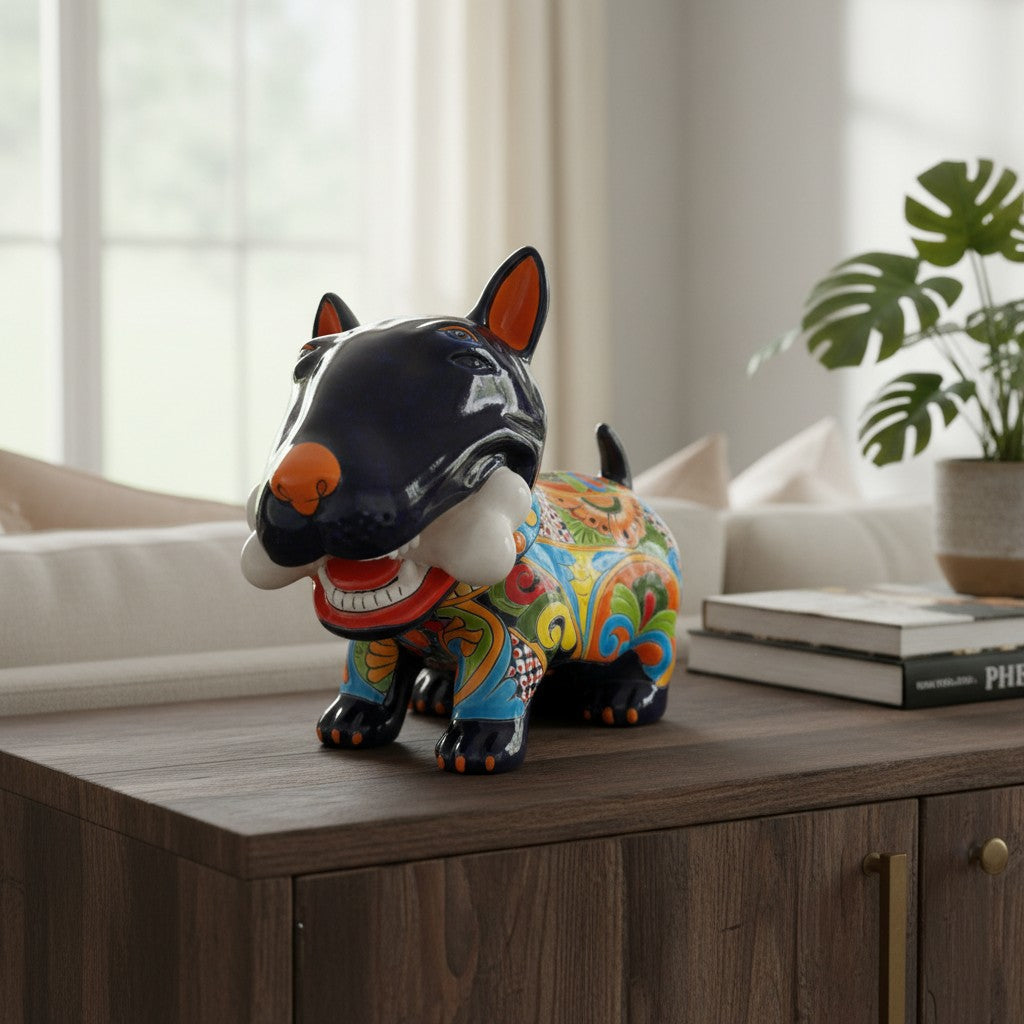 Talavera Bull Terrier Decor | Hand-painted Ceramic Dog with Bone