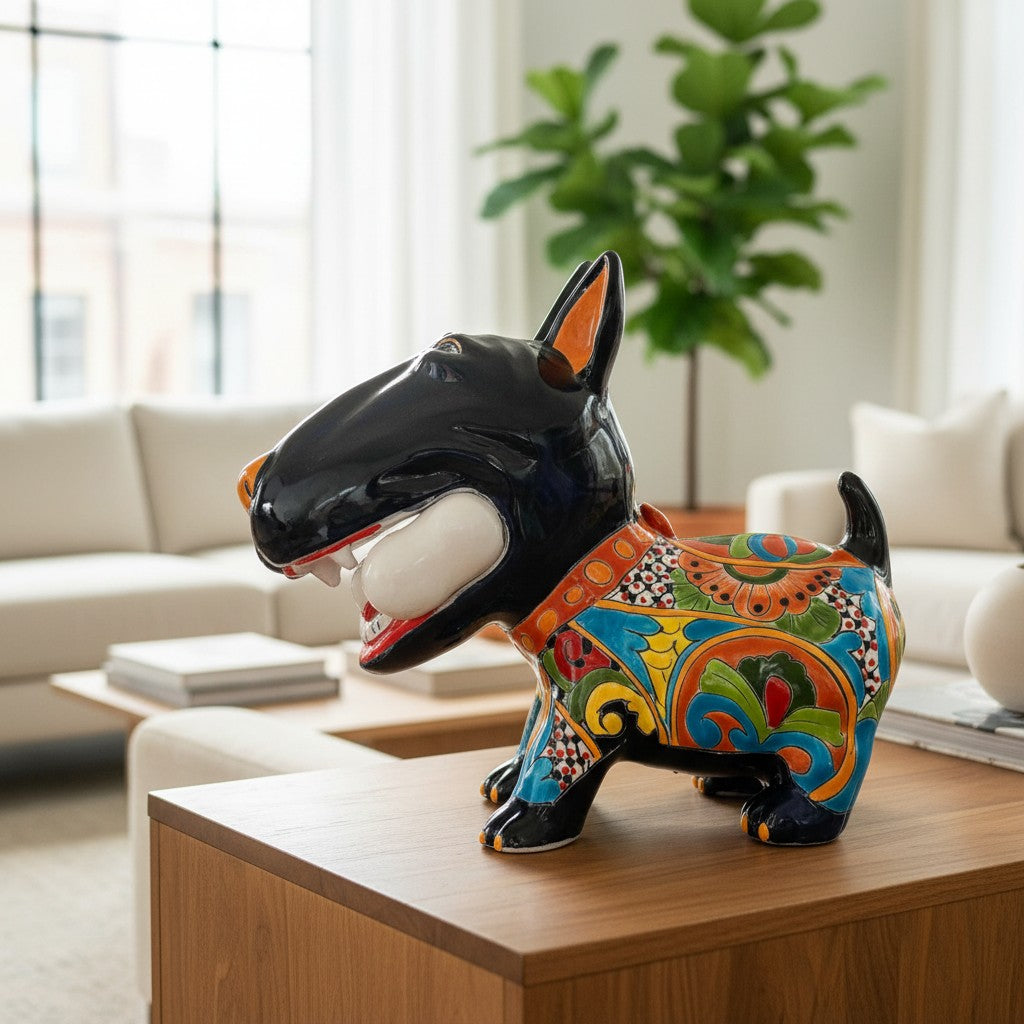 Talavera Bull Terrier Decor | Hand-painted Ceramic Dog with Bone