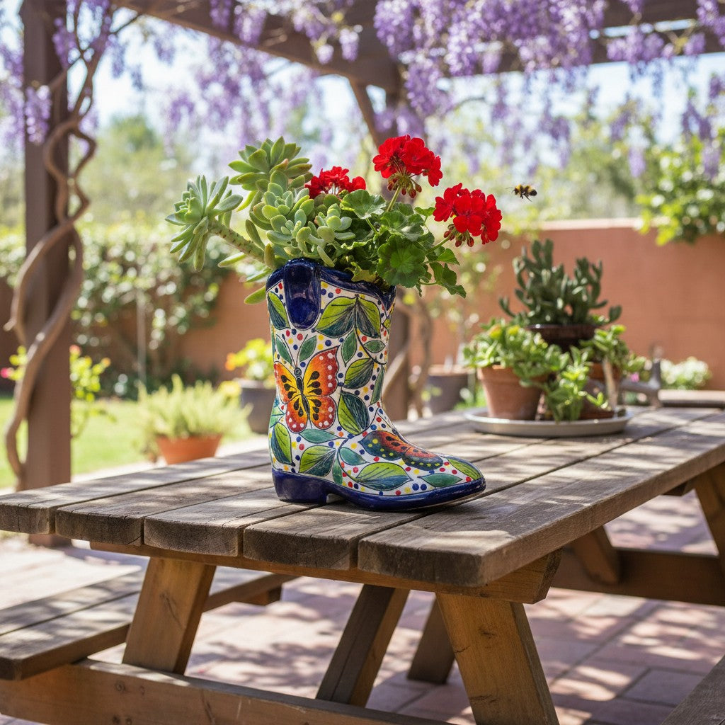Small Hand-Painted Talavera Mexican Boot Flower Pot | Talavera Planter