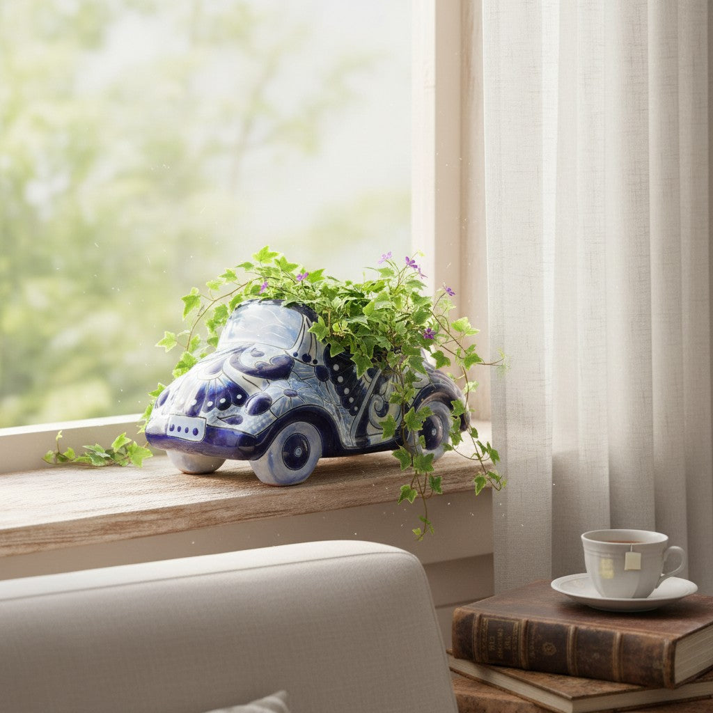 Small Talavera Car Planter | Blue & White Handmade Ceramic Pot